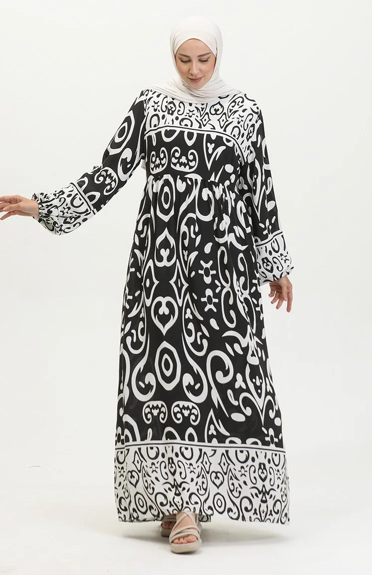 Sefa Merve Patterned Viscose Dress 81862-04 Black