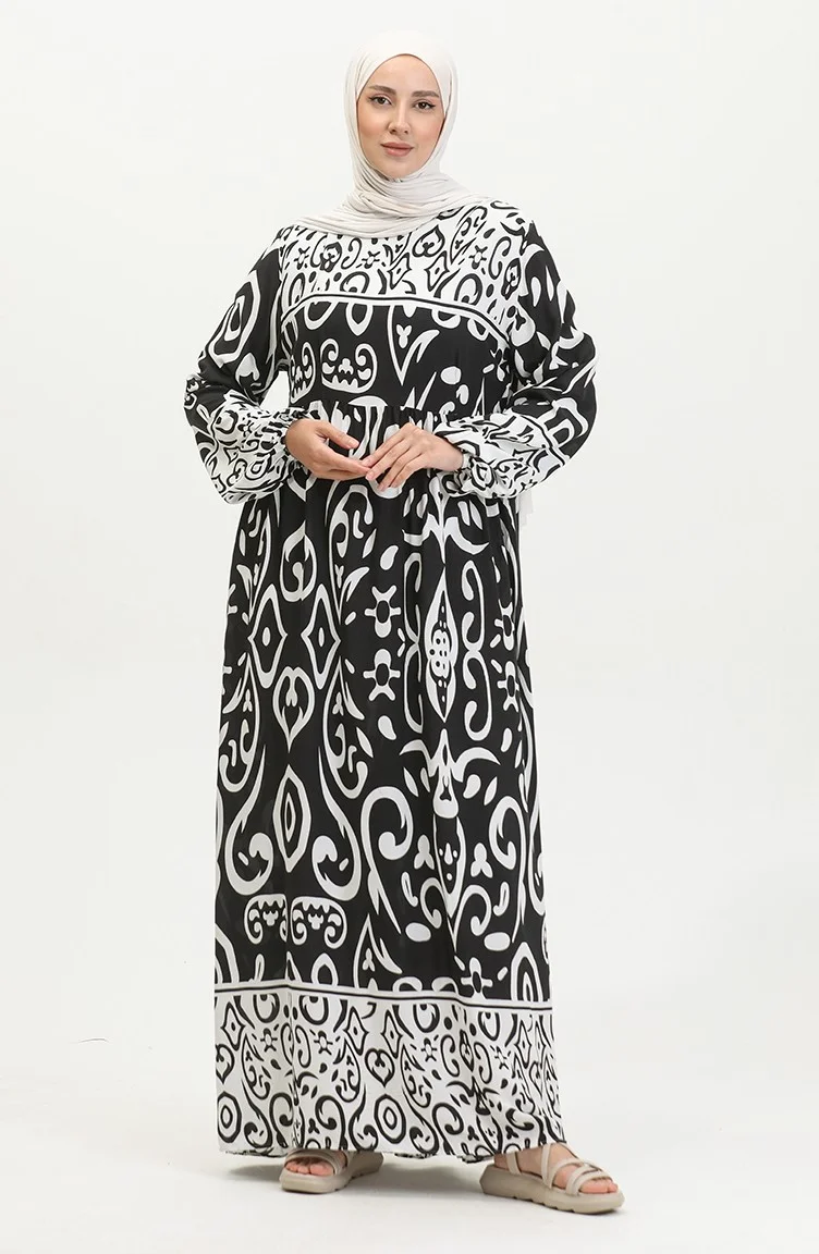 Sefa Merve Patterned Viscose Dress 81862-04 Black
