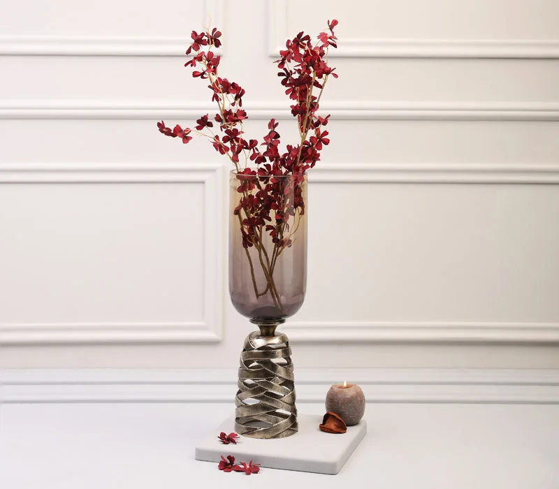 يسكن Dwell-Antique Brass Finished Aluminium With  Ombre Antique Gold Coloured Glass Vase-14.5X14.5X46.5CM-Gold