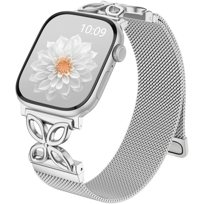 Getino Metal Loop for Apple Watch Bands for Women 40mm 41mm 42mm 44mm 45mm 46mm 49mm 38mm, Magnetic Stainless Steel Milanese iWatch Band for iWatch SE Series 11 10 9 8 7 6 5 4 3 2 Ultra, Silver - Image 1