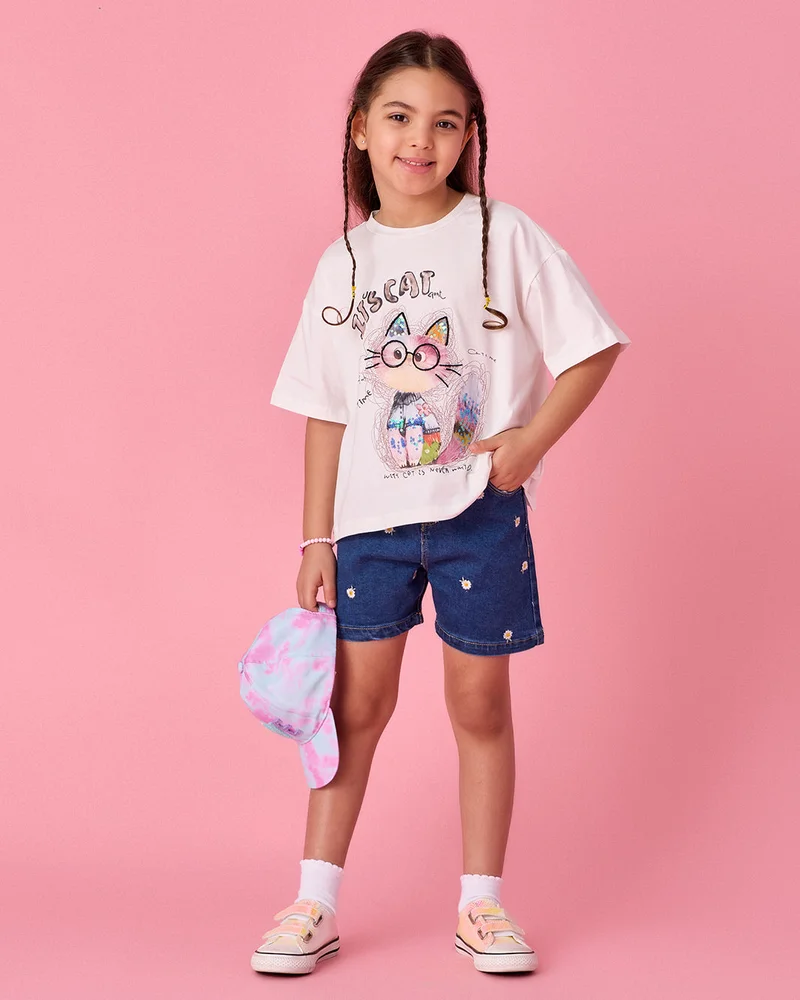 Redtag Girls Blue Heart Printed Shorts