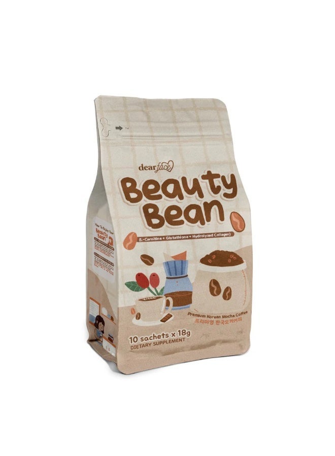 Dear Face Beauty Bean Mocha Coffee – 10 Sachets x 18g | Glutathione + Collagen for Skin Glow & Weight Support | Korean Beauty Coffee Drink