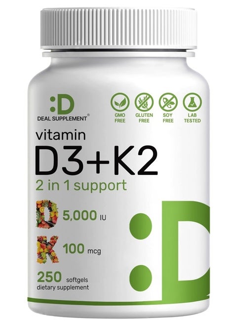 Vitamin D3 K2 Softgel, 250 Count, 2-1 Complex, Vitamin D3 5000 IU, Vitamin K2 MK7, Promotes Heart, Bone And Teeth Health - Very Easy to Swallow