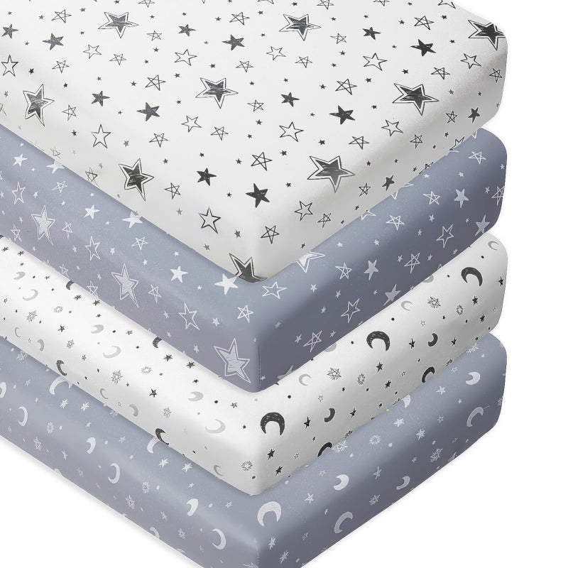 4 Pack Star and Moon Neutral Unisex Fitted Baby Sheets Set for Baby Boys or Girls Crib Sheets