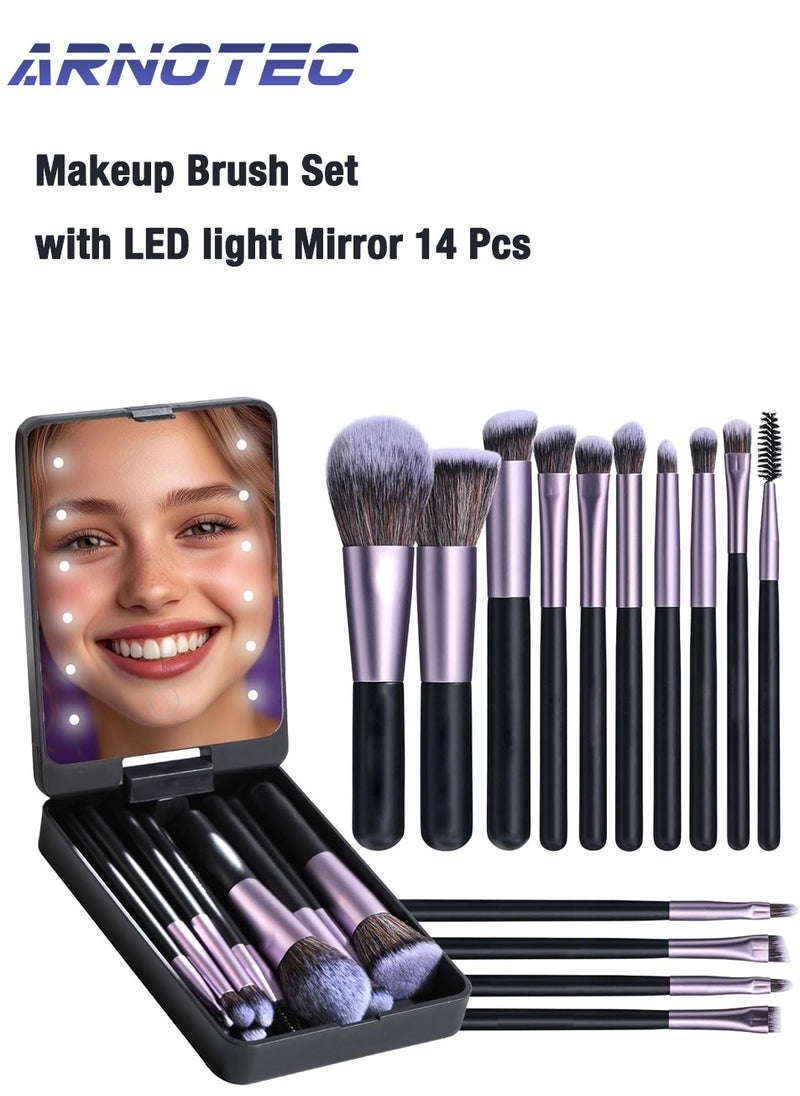 ARNOTEC Travel Makeup Brush Set Foundation Powder Concealers Eye Shadows Makeup Set with LED light Mirror 14 Pcs Purple  - Image 1