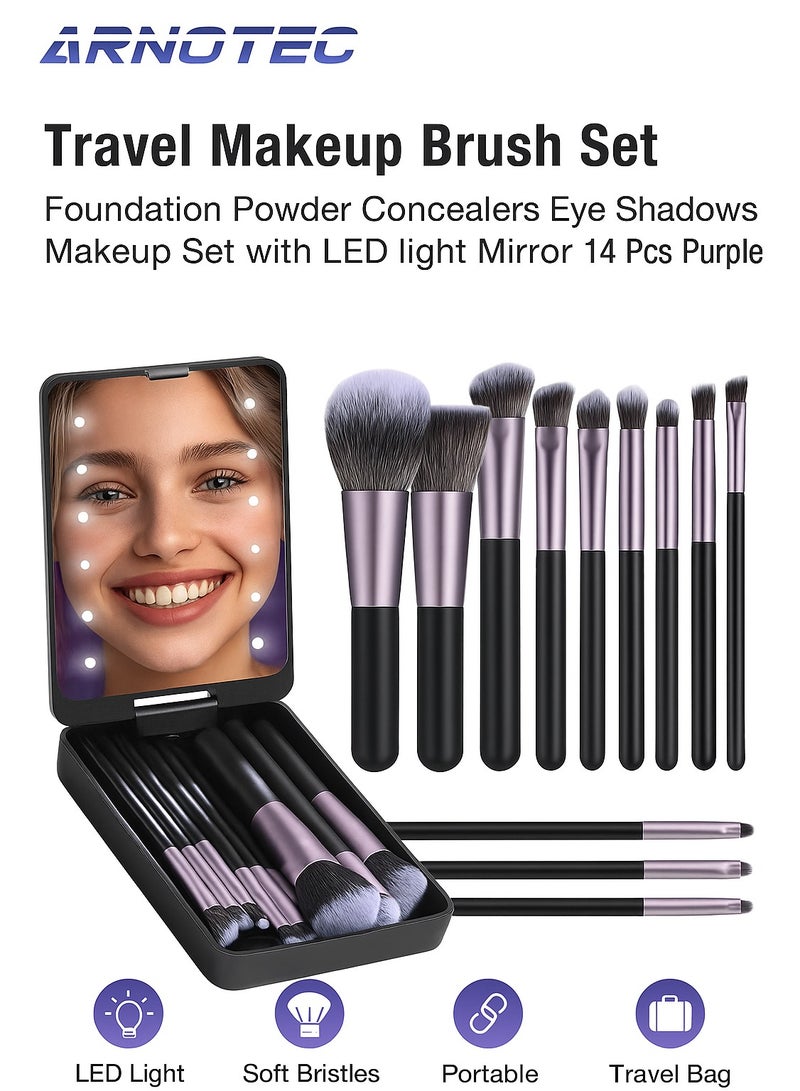 ARNOTEC Travel Makeup Brush Set Foundation Powder Concealers Eye Shadows Makeup Set with LED light Mirror 14 Pcs Purple - Image 1