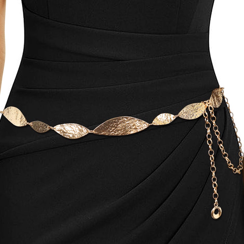LOTOFUN Gold Chain Belt for Dresses: Metal Bohemia Leaves Waist Chains Belts for Women Ladies Dress Accessories - Image 1