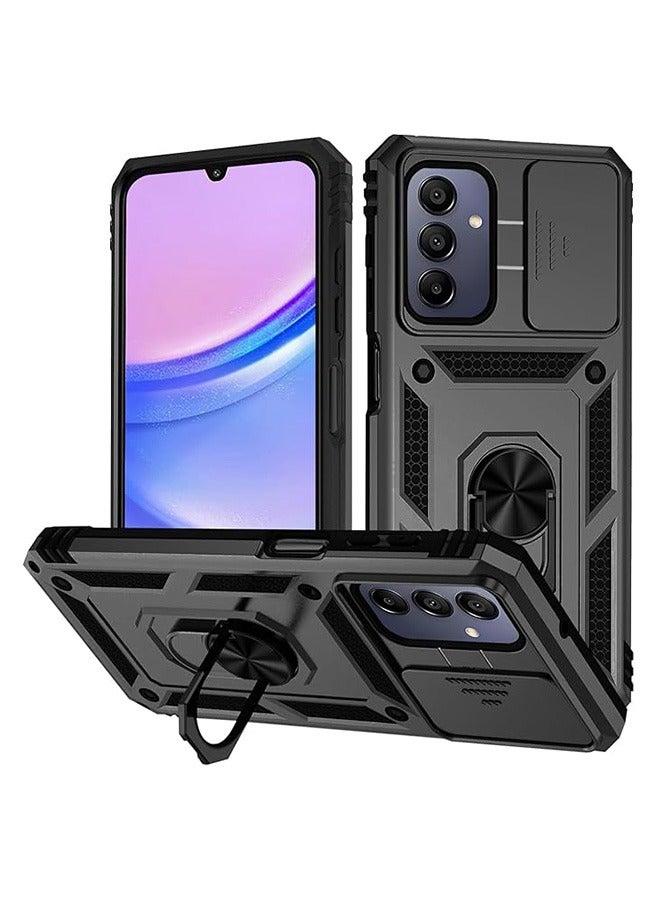 Samsung Galaxy A15 5G Case, Shockproof Case, Anti-Fall Drop Protection, Built-in Slide Anti-Scratch Camera Lens Cover, Integrated 360 Degree Rotating Ring Kickstand, Black - Image 1