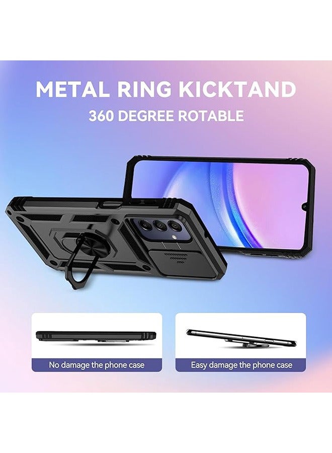 Samsung Galaxy A15 5G Case, Shockproof Case, Anti-Fall Drop Protection, Built-in Slide Anti-Scratch Camera Lens Cover, Integrated 360 Degree Rotating Ring Kickstand, Black - Image 2