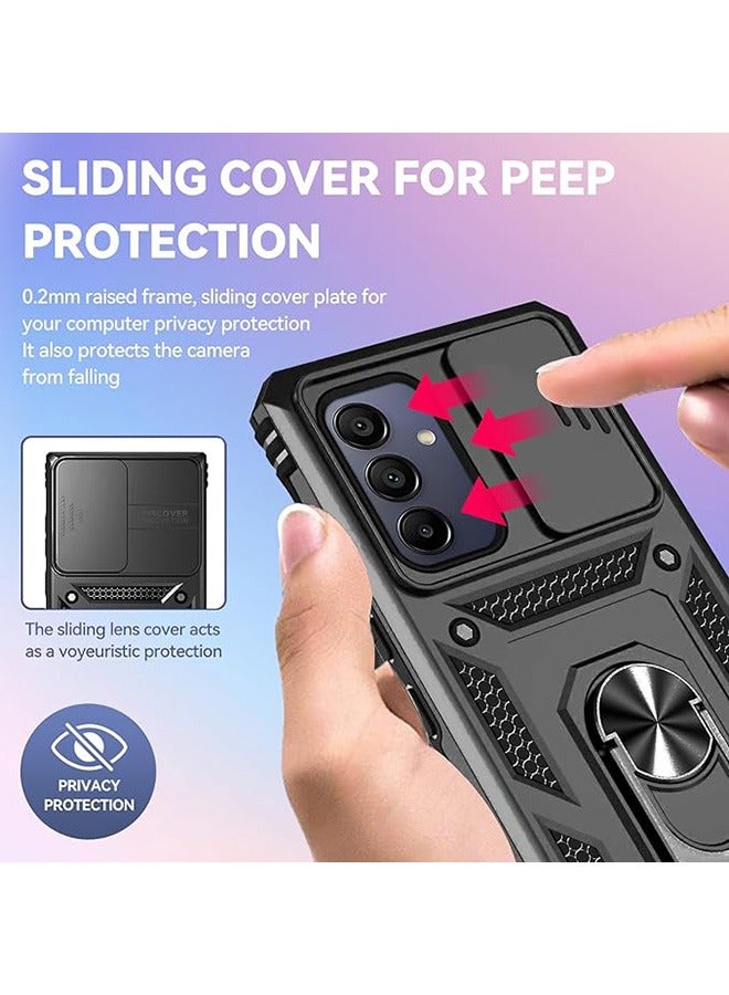 Samsung Galaxy A15 5G Case, Shockproof Case, Anti-Fall Drop Protection, Built-in Slide Anti-Scratch Camera Lens Cover, Integrated 360 Degree Rotating Ring Kickstand, Black - Image 3