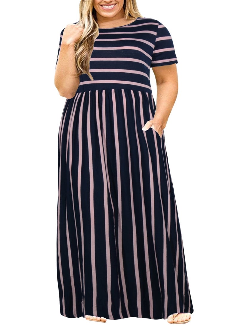 Nemidor Plus Size Maxi Dresses for Curvy Women Summer Casual Loose Short Sleeve Long Beach Dress with Pocket14922Navy Stripe