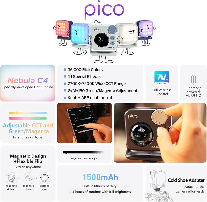 نانليت Pico Portable LED Fill Light – Full Color RGB, Snap-On Attachment for Phone/Camera Photography, Live Streaming, Video Content Creation (Midnight Blue) - Image 4