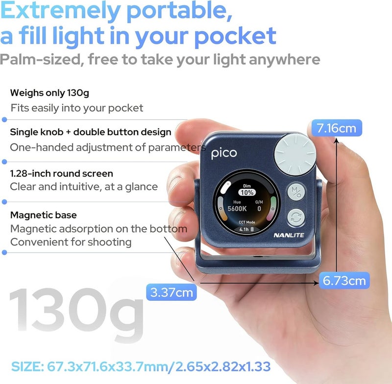نانليت Pico Portable LED Fill Light – Full Color RGB, Snap-On Attachment for Phone/Camera Photography, Live Streaming, Video Content Creation (Midnight Blue) - Image 3