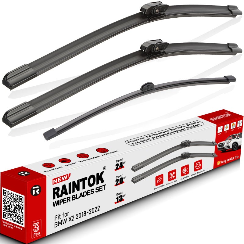 RAINTOK Windshield Wiper Blades Replacement for 2018 2019 2020 2021 2022 BMW X2 Original Factory Quality Front Rear Wipers Blade Set for My Car 24 20 13 Pack of 3