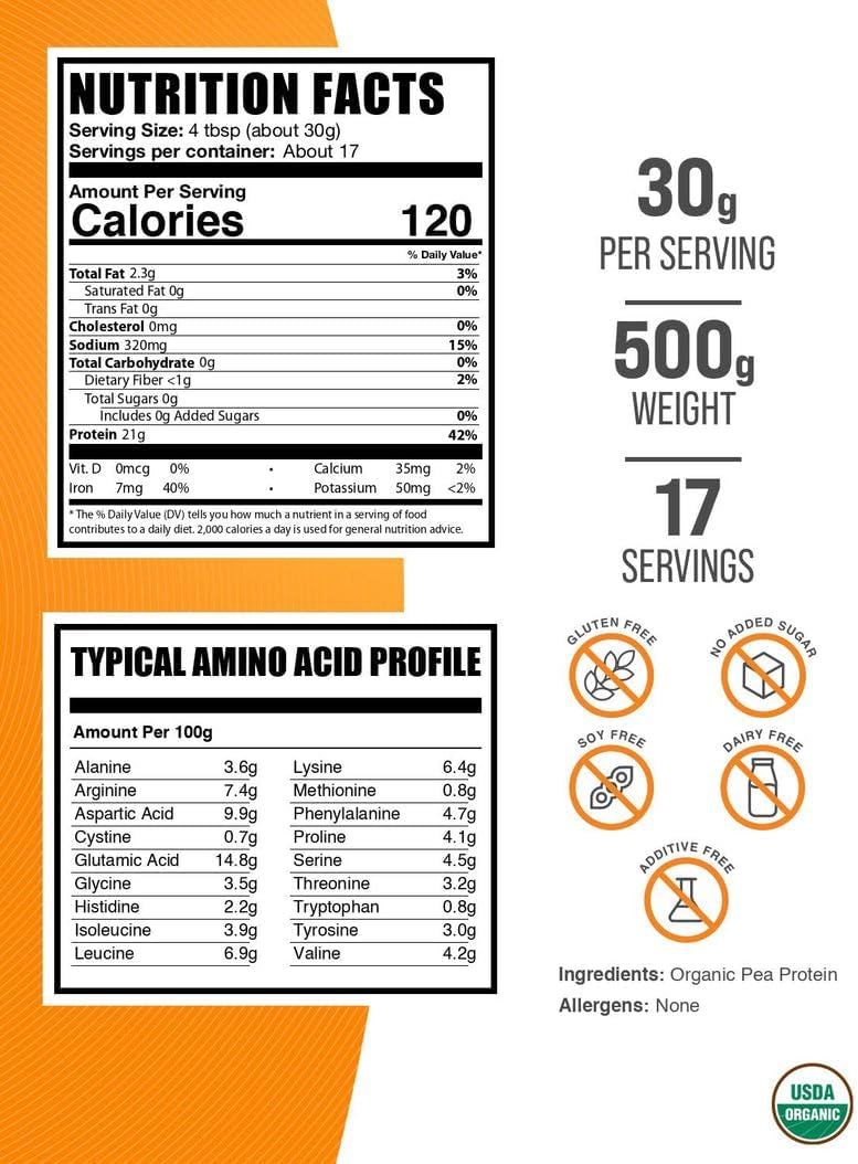 BulkSupplementscom Organic Pea Protein Powder  Plant Based  Vegan Protein Powder  Unflavored  Gluten Free 30g per Serving 500g 11 lbs Pack of 1 - Image 2