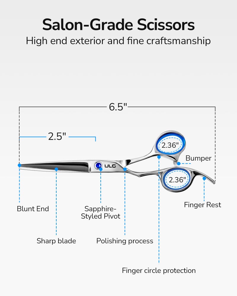 ULG Hair Cutting Scissors for Left Hand, ULG Left-Handed Professional Hair Scissors 6.5-Inch Razor Edge Barber Shears for Salon and Home Hair Cutting Made of Japanese Stainless Steel, Blue Fingerhole Ring - Image 5