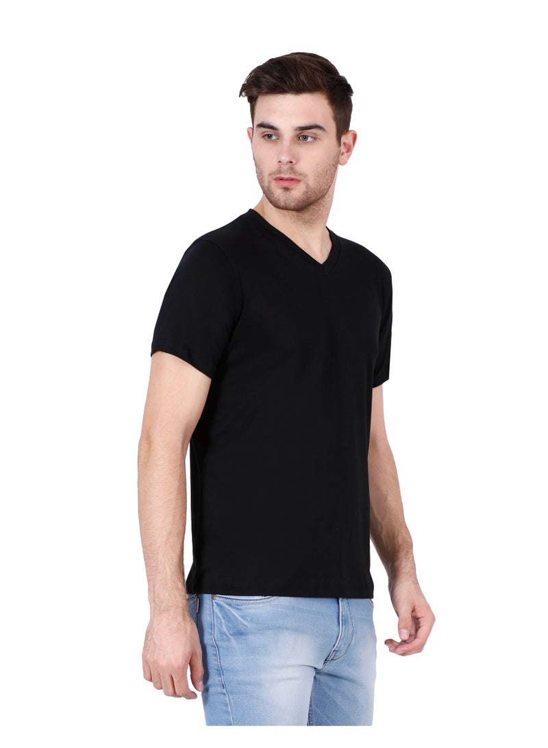 ملابس RSO تي شيرت كاجوال سادة للرجال من RSO Outfits مصنوع من القطن الخالص ورقبة على شكل حرف V ونصف كم (أسود) - Image 3