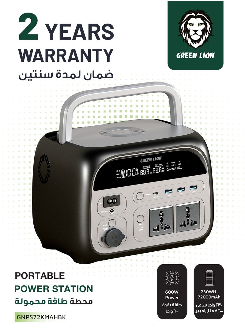 GREEN LION Portable Power Station 72000mAh 600W / Power Generator / Portable Handle / Digital Display / Safety Protection / 10W Wireless Output / AC Sockets / USB-A &Type-C Output / Outdoor Power Bank with LED Light - Black  - Image 1