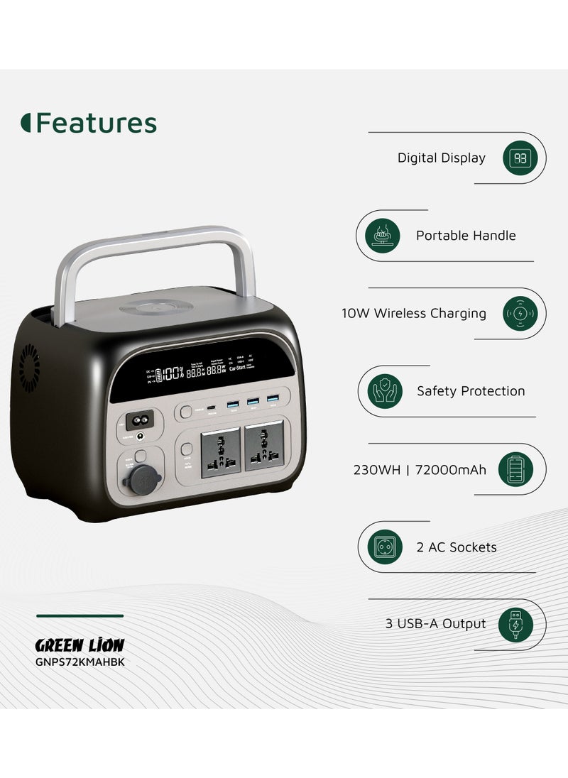 GREEN LION Portable Power Station 72000mAh 600W / Power Generator / Portable Handle / Digital Display / Safety Protection / 10W Wireless Output / AC Sockets / USB-A &Type-C Output / Outdoor Power Bank with LED Light - Black  - Image 2