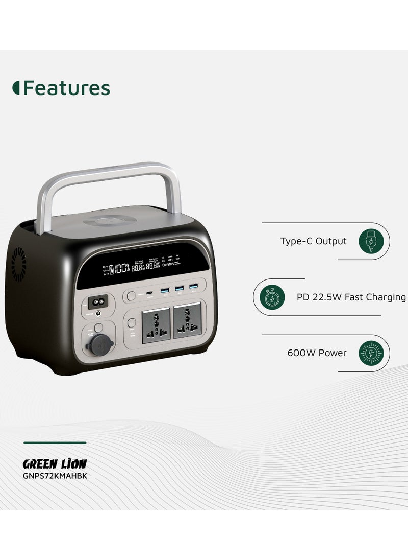 GREEN LION Portable Power Station 72000mAh 600W / Power Generator / Portable Handle / Digital Display / Safety Protection / 10W Wireless Output / AC Sockets / USB-A &Type-C Output / Outdoor Power Bank with LED Light - Black  - Image 3
