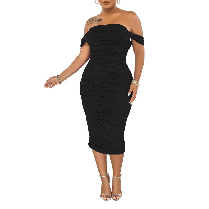 PINSV Women Ruched Off Shoulder Dress Bodycon Party Elegant Midi Dresses XL Black - Image 3