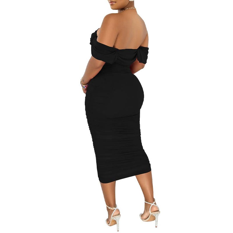 PINSV Women Ruched Off Shoulder Dress Bodycon Party Elegant Midi Dresses XL Black - Image 4