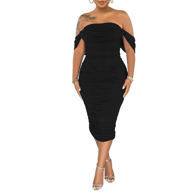 PINSV Women Ruched Off Shoulder Dress Bodycon Party Elegant Midi Dresses XL Black - Image 2