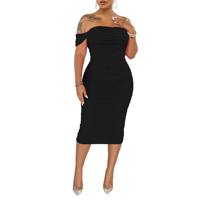 PINSV Women Ruched Off Shoulder Dress Bodycon Party Elegant Midi Dresses XL Black - Image 1