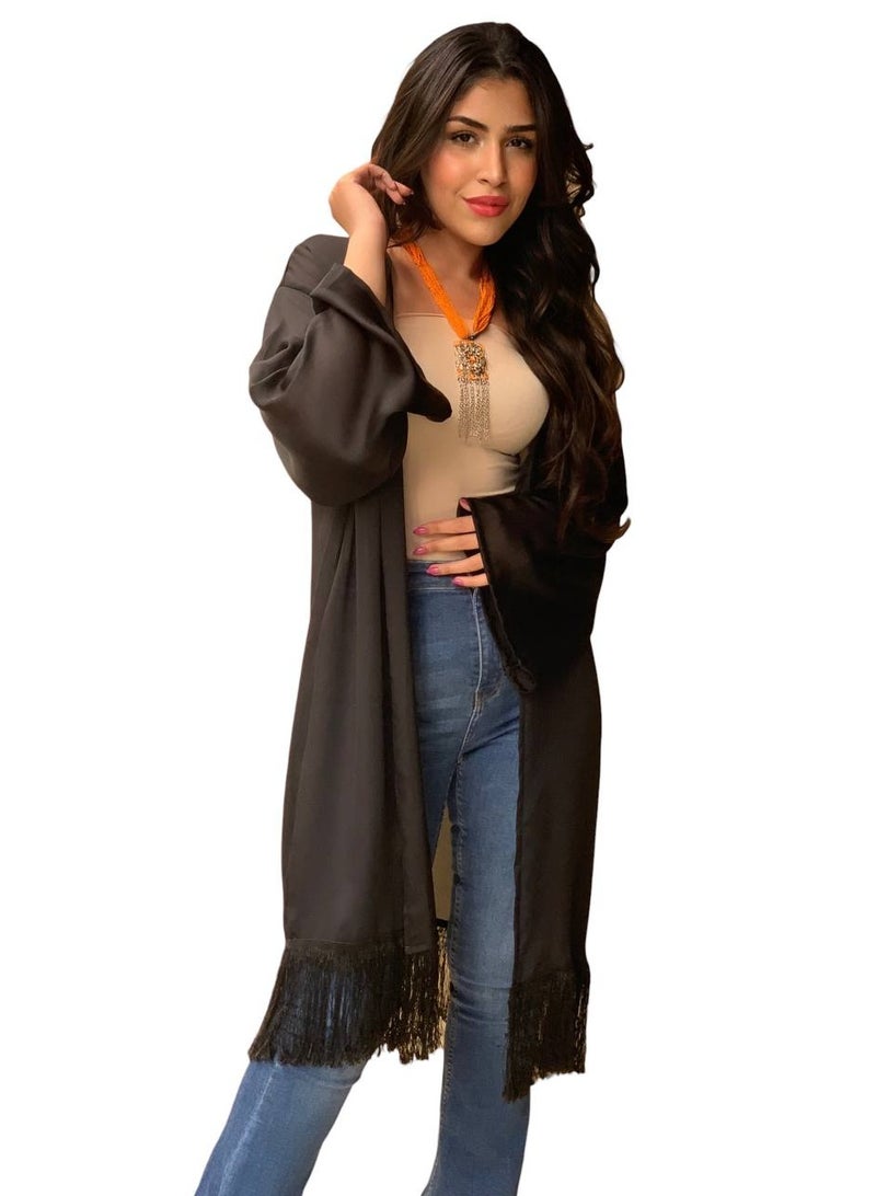 Blouse Barn Black Chiffon Fringed Kimono - Image 5