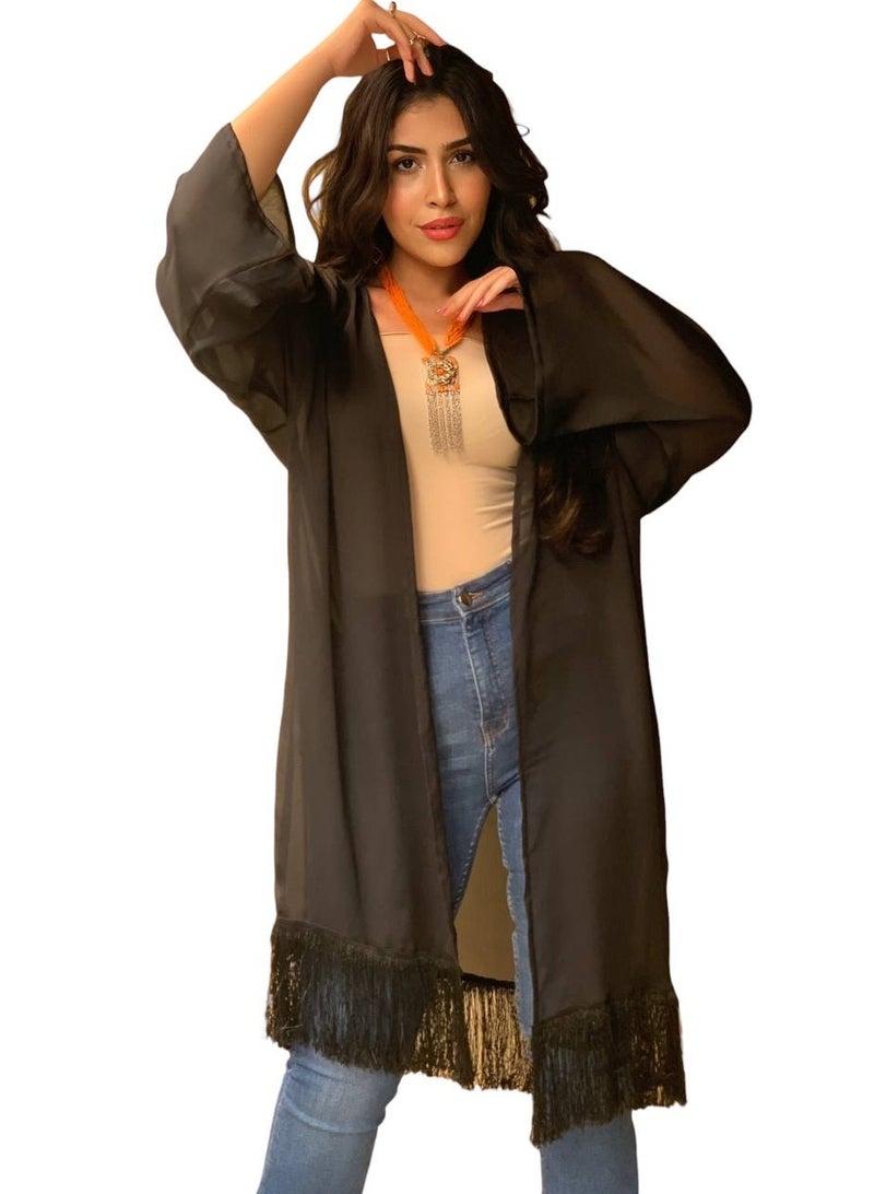 Blouse Barn Black Chiffon Fringed Kimono - Image 4