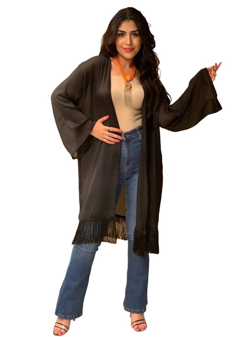 Blouse Barn Black Chiffon Fringed Kimono - Image 1