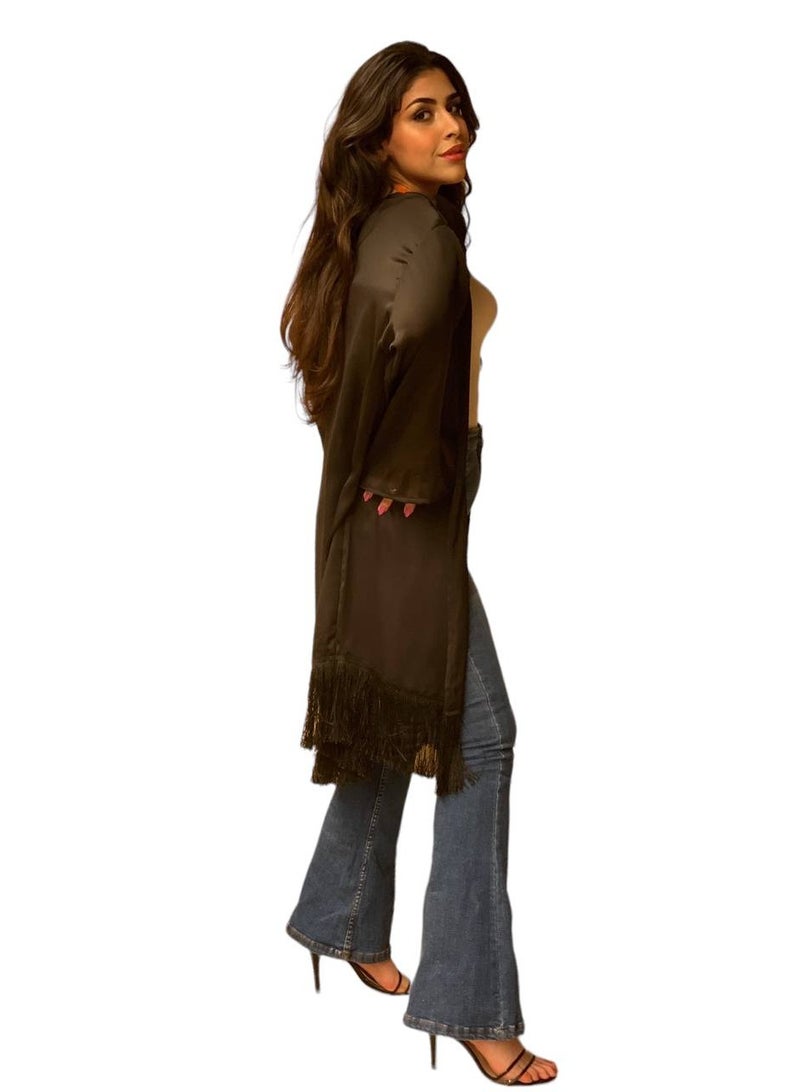 Blouse Barn Black Chiffon Fringed Kimono - Image 2