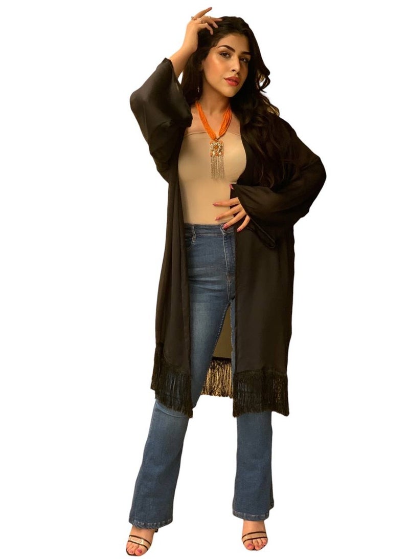 Blouse Barn Black Chiffon Fringed Kimono - Image 3