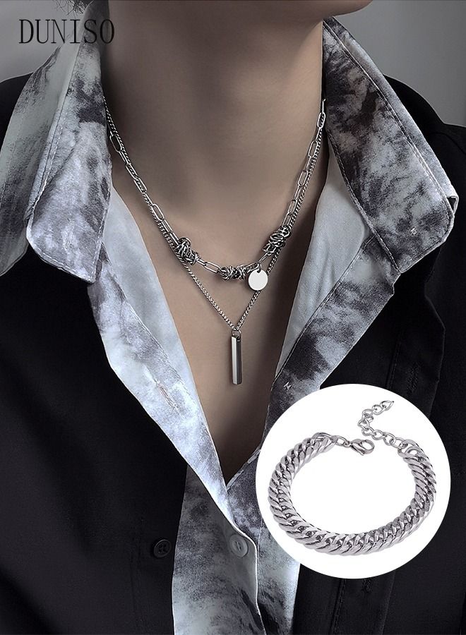 DUNISO Unisex Stainless Necklace and Bracelet Set Gift with Double Chains  Fashion Pendant Short Thick Chain Party Accessories  - Image 1