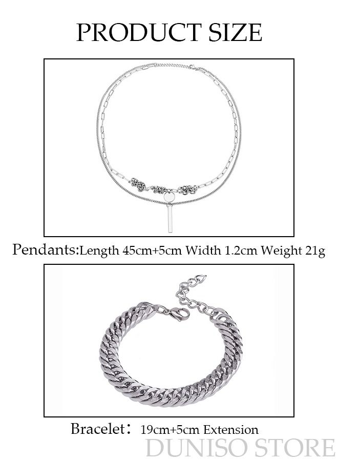 DUNISO Unisex Stainless Necklace and Bracelet Set Gift with Double Chains  Fashion Pendant Short Thick Chain Party Accessories  - Image 3