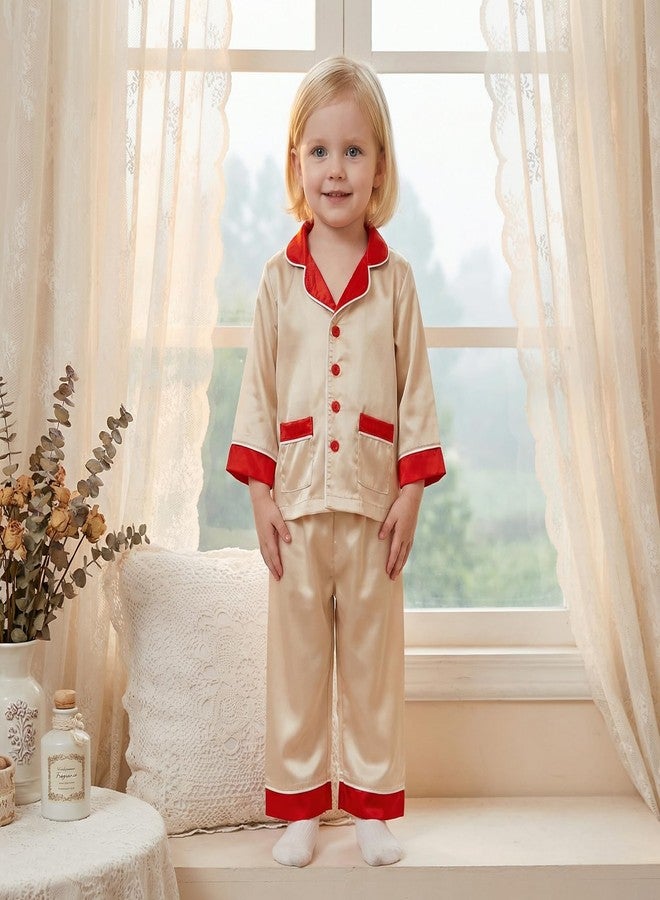 Multitrust Toddler Baby Girl Boy Silk Pajamas Set Patchwork Long Sleeve Button Down Shirts and Pants Satin Pj Lounge Sets (Gold, 1-2 Years) - Image 2
