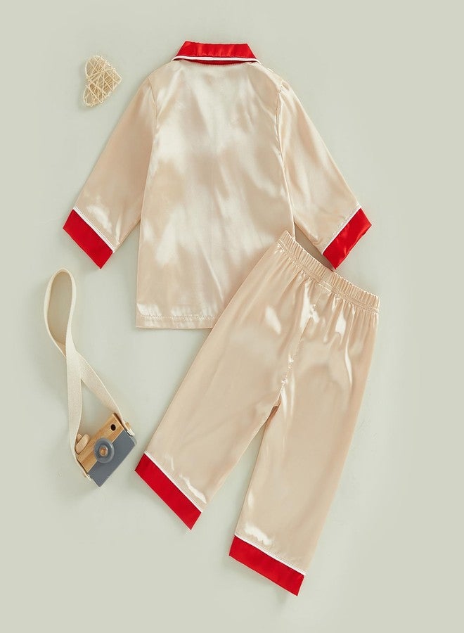 Multitrust Toddler Baby Girl Boy Silk Pajamas Set Patchwork Long Sleeve Button Down Shirts and Pants Satin Pj Lounge Sets (Gold, 1-2 Years) - Image 5