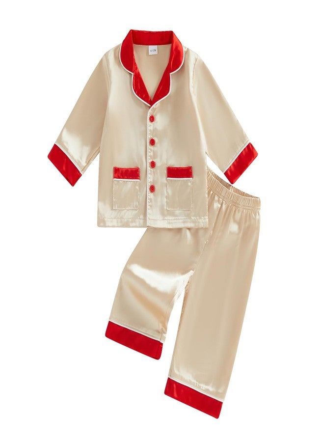 Multitrust Toddler Baby Girl Boy Silk Pajamas Set Patchwork Long Sleeve Button Down Shirts and Pants Satin Pj Lounge Sets (Gold, 1-2 Years) - Image 1