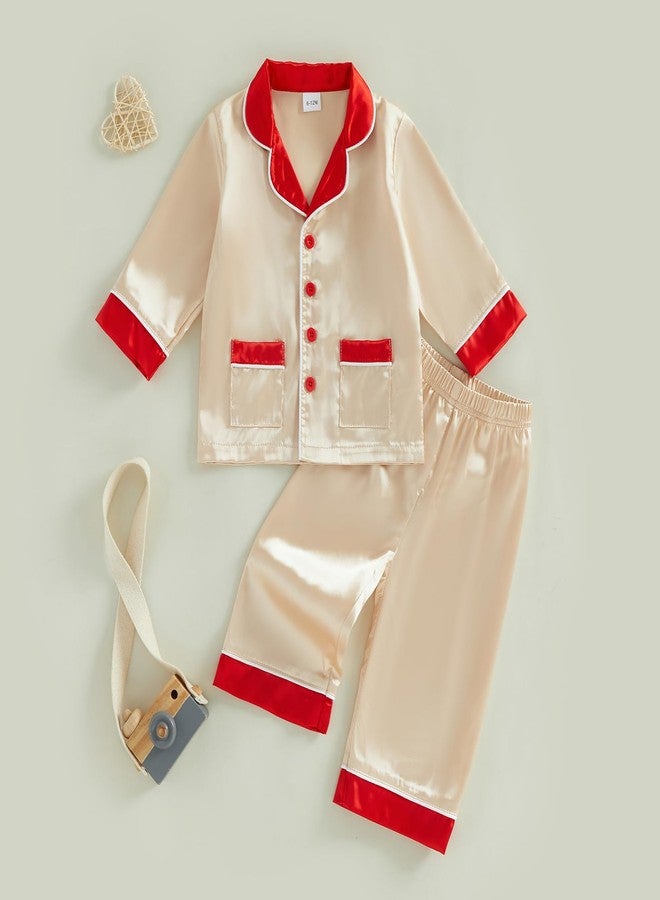 Multitrust Toddler Baby Girl Boy Silk Pajamas Set Patchwork Long Sleeve Button Down Shirts and Pants Satin Pj Lounge Sets (Gold, 1-2 Years) - Image 4