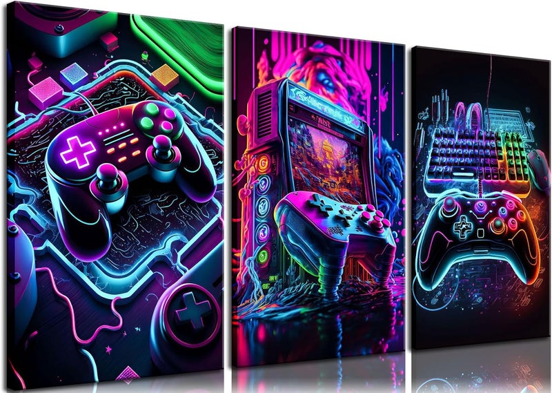 BGFCE 3pcs Game Room Decor Neon Gaming Wall Art Posters Gamer Accessories Theme Canvas Print Game Console Painting Picture for Children Youth Game Boys Bedroom Teen Wall Decor Framed 16"x24"x3 - Image 1