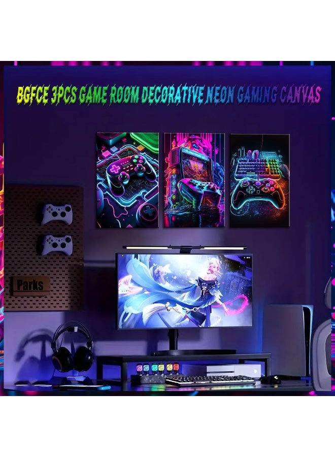BGFCE 3pcs Game Room Decor Neon Gaming Wall Art Posters Gamer Accessories Theme Canvas Print Game Console Painting Picture for Children Youth Game Boys Bedroom Teen Wall Decor Framed 16"x24"x3 - Image 3