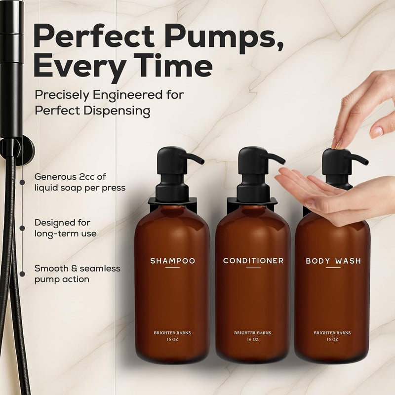 Brighter Barns Amber Shampoo and Conditioner Dispenser Set Wall Mounted by - Plastic Shower Dispenser Set - 3 Chamber Drill Free Shampoo Bottles - Modern Bathroom Decor for Guest Bathroom, Spa (Amber) - Image 4