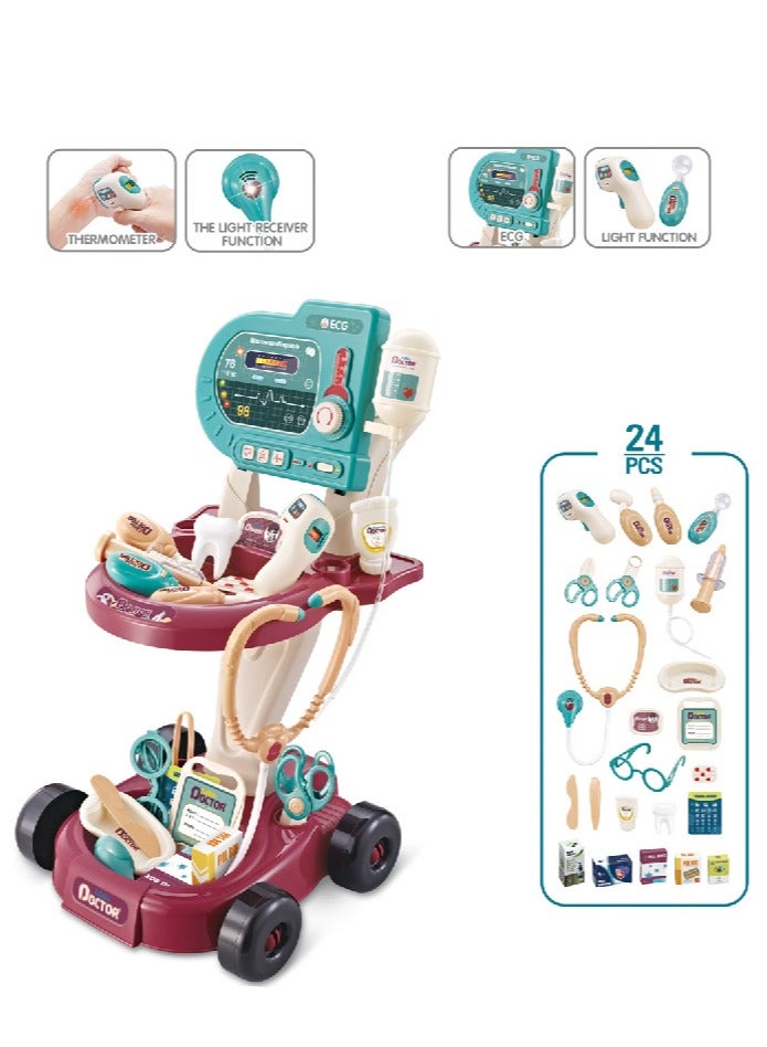 MIXDE 24-Piece Doctor Playset Pretend Toys Medical Kit Toy Cart with Stethoscope and Toy Accessorie - Image 3