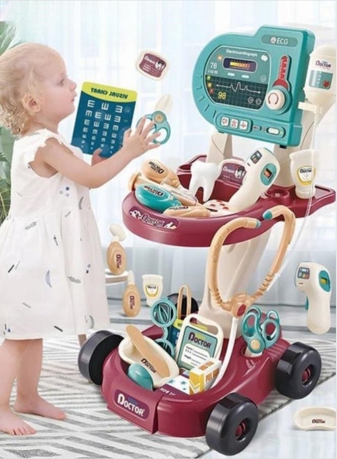 MIXDE 24-Piece Doctor Playset Pretend Toys Medical Kit Toy Cart with Stethoscope and Toy Accessorie - Image 1