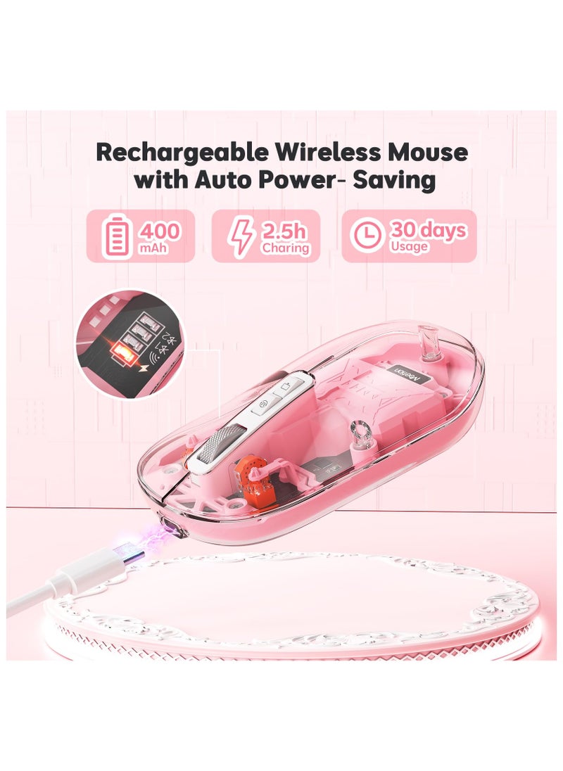 SYOSI - Wireless Mouse Rechargeable, Multi Device Transparent Bluetooth Mouse, Slim Mouse with USB Receiver, 4 Adjustable DPI Small Mouse Silent Click for PC, Laptop, Notebook, Mac, iPad - Pink - Image 1
