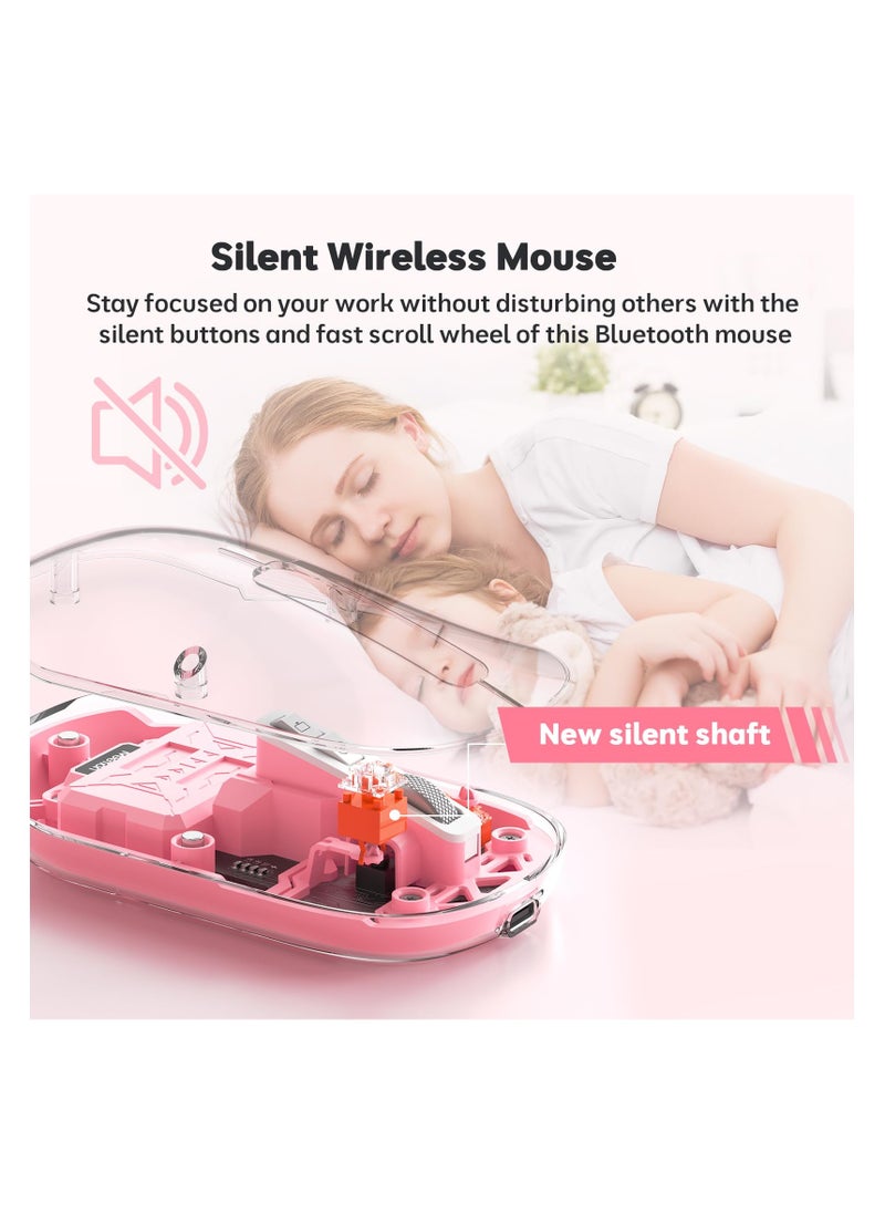 SYOSI - Wireless Mouse Rechargeable, Multi Device Transparent Bluetooth Mouse, Slim Mouse with USB Receiver, 4 Adjustable DPI Small Mouse Silent Click for PC, Laptop, Notebook, Mac, iPad - Pink - Image 1