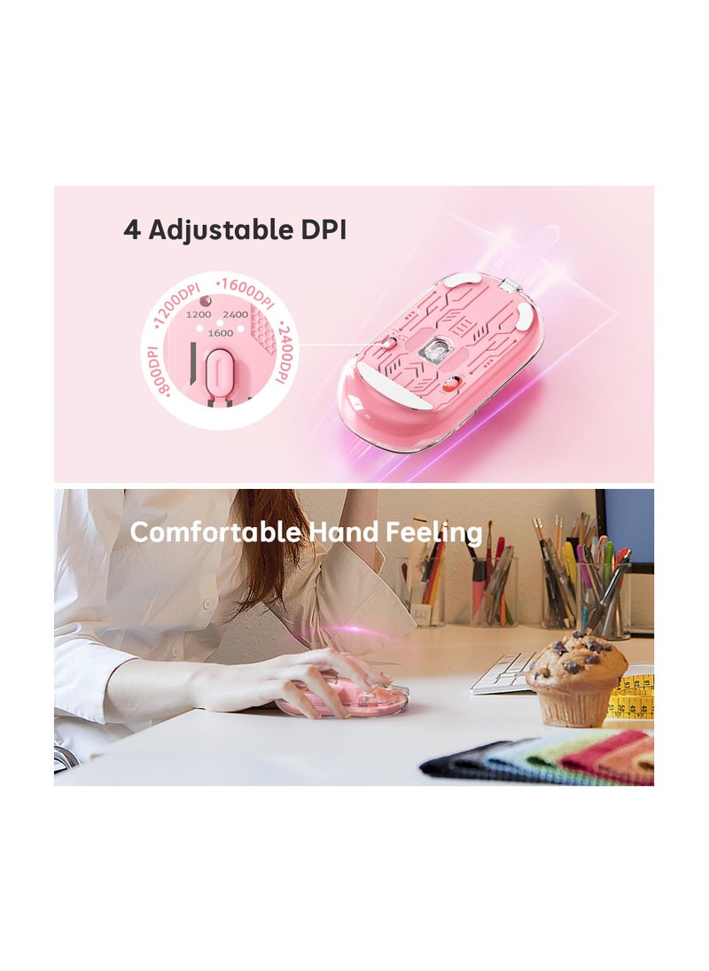 SYOSI - Wireless Mouse Rechargeable, Multi Device Transparent Bluetooth Mouse, Slim Mouse with USB Receiver, 4 Adjustable DPI Small Mouse Silent Click for PC, Laptop, Notebook, Mac, iPad - Pink - Image 1