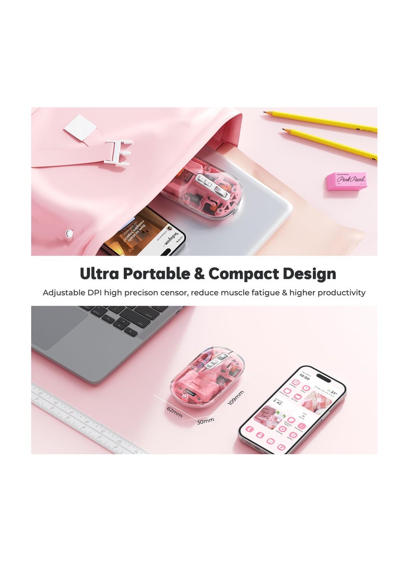SYOSI - Wireless Mouse Rechargeable, Multi Device Transparent Bluetooth Mouse, Slim Mouse with USB Receiver, 4 Adjustable DPI Small Mouse Silent Click for PC, Laptop, Notebook, Mac, iPad - Pink - Image 1