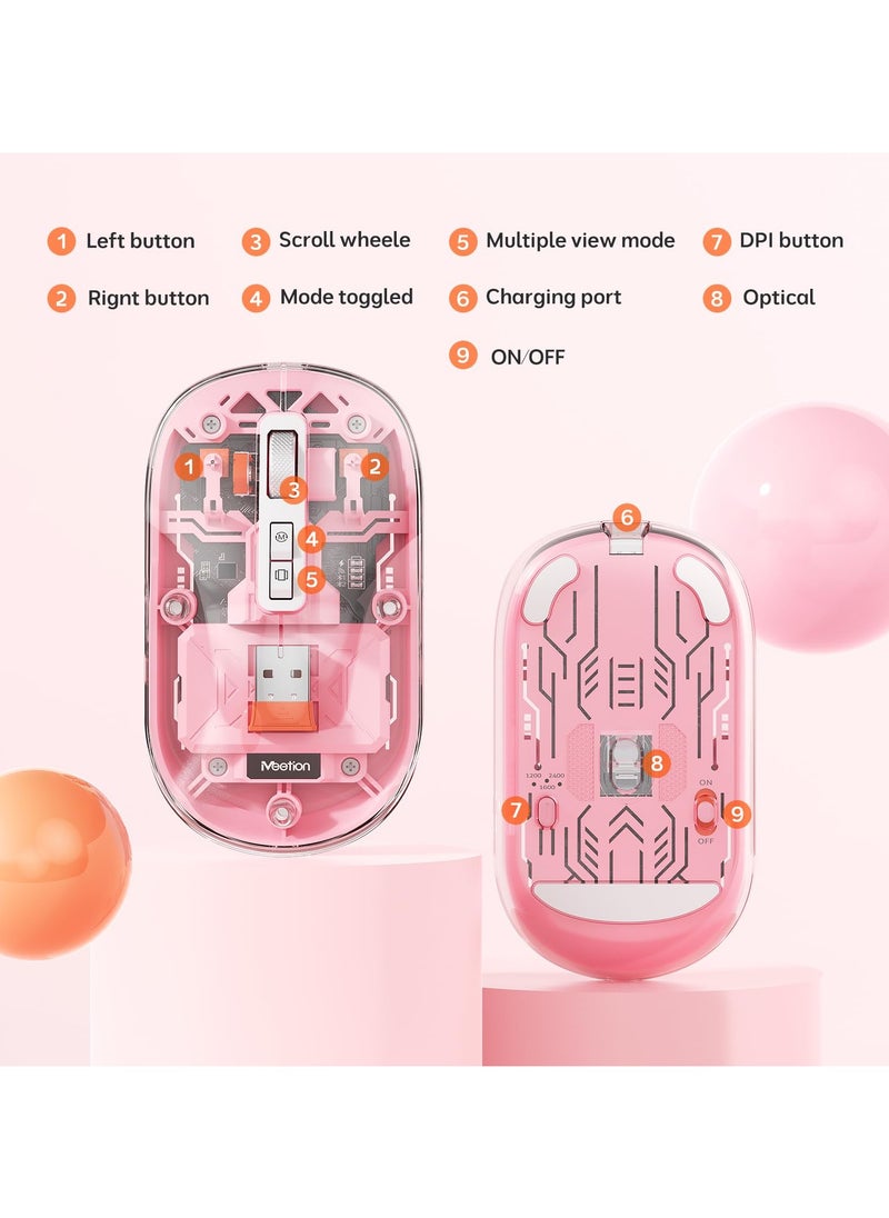 SYOSI - Wireless Mouse Rechargeable, Multi Device Transparent Bluetooth Mouse, Slim Mouse with USB Receiver, 4 Adjustable DPI Small Mouse Silent Click for PC, Laptop, Notebook, Mac, iPad - Pink - Image 1