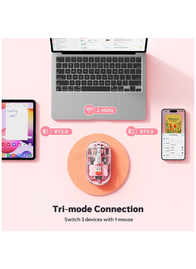 SYOSI - Wireless Mouse Rechargeable, Multi Device Transparent Bluetooth Mouse, Slim Mouse with USB Receiver, 4 Adjustable DPI Small Mouse Silent Click for PC, Laptop, Notebook, Mac, iPad - Pink - Image 1